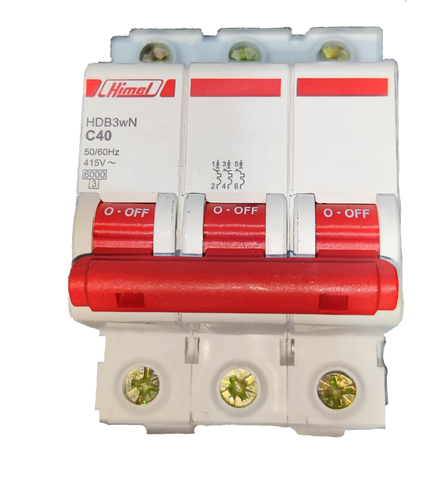 Himel 40A 3 Pole Miniature Circuit Breaker with red switches and white body for electrical protection