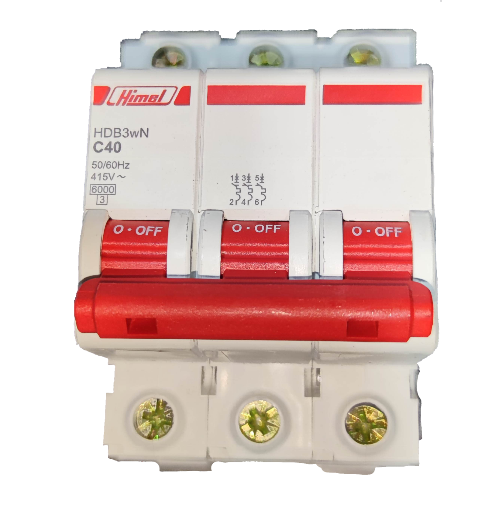 Himel 40A 3 Pole Miniature Circuit Breaker with red switches and white body for electrical protection