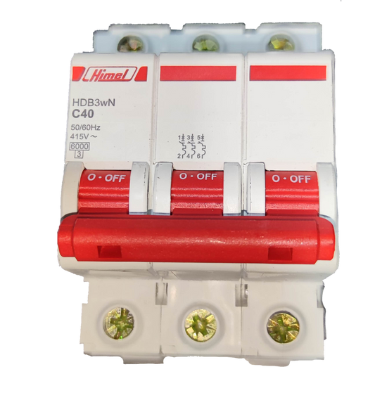 Himel 40A 3 Pole Miniature Circuit Breaker with red switches and white body for electrical protection