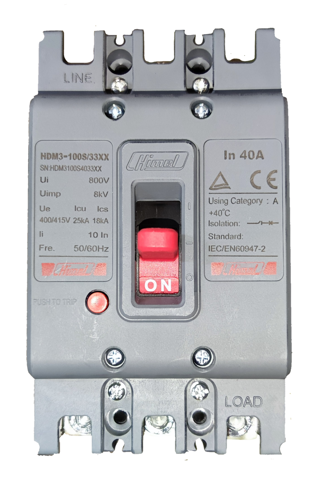Himel 40A 3 Pole Molded Case Circuit Breaker with red ON switch and gray body for electrical safety