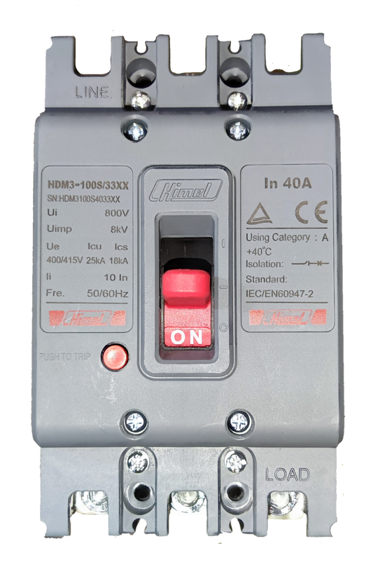 Himel 40A 3 Pole Molded Case Circuit Breaker with red ON switch and gray body for electrical safety