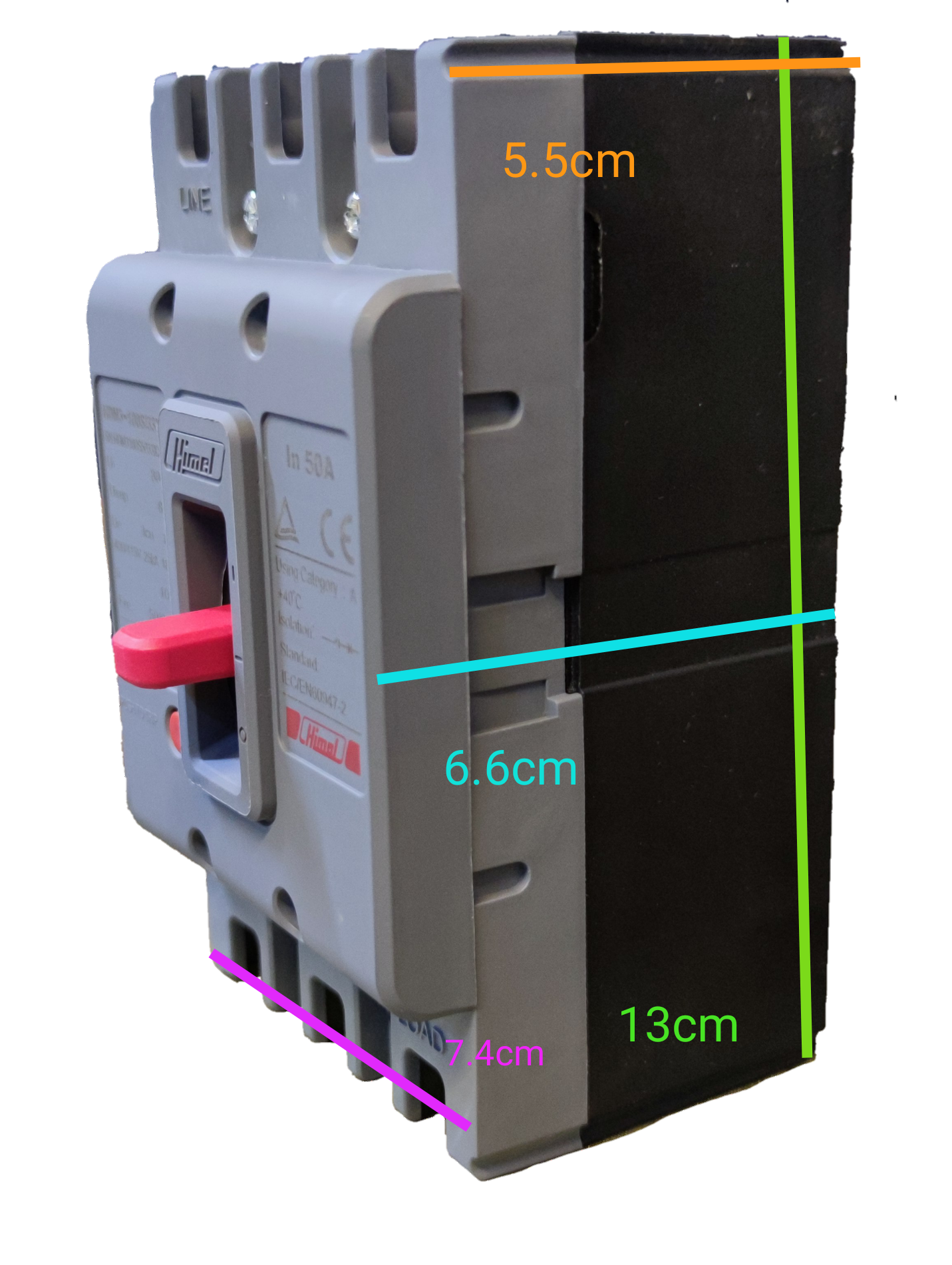 Himel 40A 3 Pole Molded Case Circuit Breaker with red switch and compact gray design