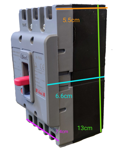 Himel 40A 3 Pole Molded Case Circuit Breaker with red switch and compact gray design
