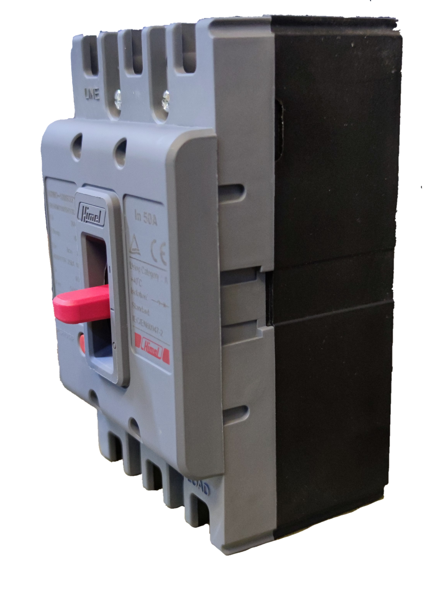 Himel 40A 3 Pole Molded Case Circuit Breaker with gray and black casing and red switch handle