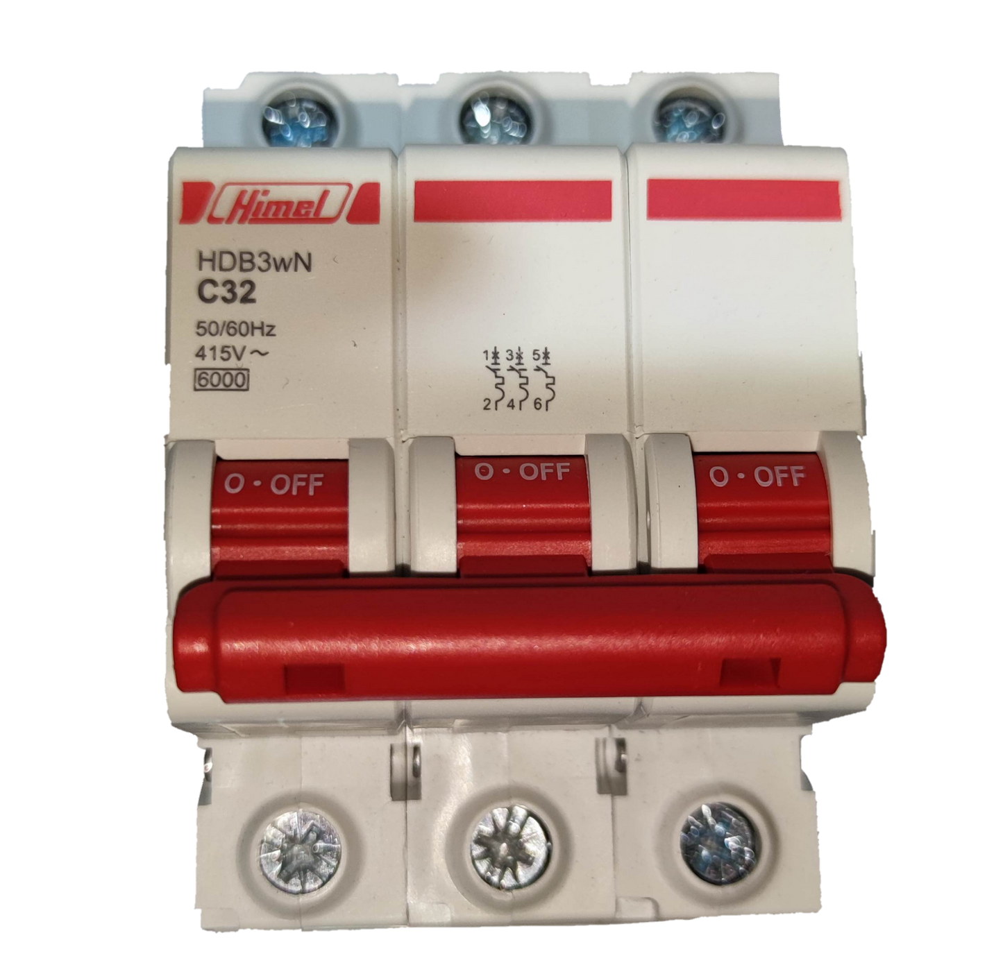 Himel 6 KAIC 3 pole circuit breaker with red toggle switches for reliable electrical protection