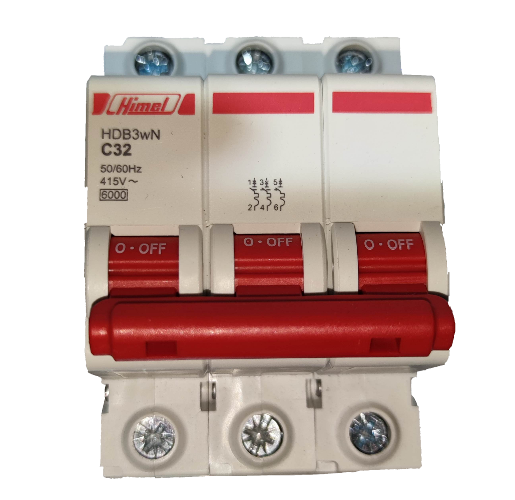 Himel 6 KAIC 3 pole circuit breaker with red toggle switches for reliable electrical protection