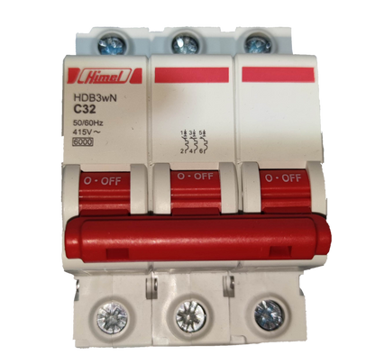 Himel 6 KAIC 3 pole circuit breaker with red toggle switches for reliable electrical protection