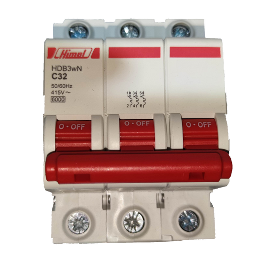 Himel 6 KAIC 3 pole circuit breaker with red toggle switches for reliable electrical protection