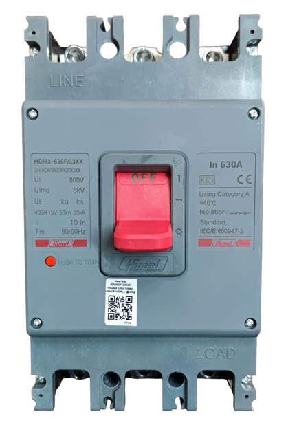 Himel 630A Industrial Circuit Breaker 3 Phase with red switch and gray casing for electrical systems
