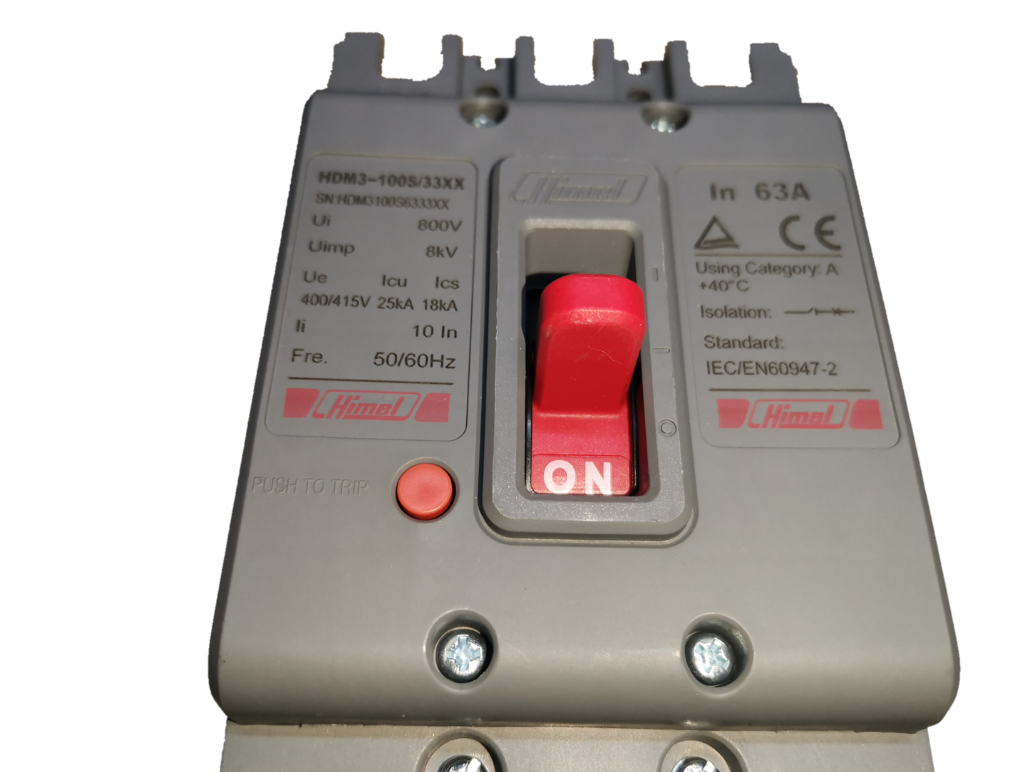 Himel 63A 3 pole circuit breaker with red switch and safety certifications for electrical installations