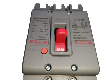 Himel 63A 3 pole circuit breaker with red switch and safety certifications for electrical installations