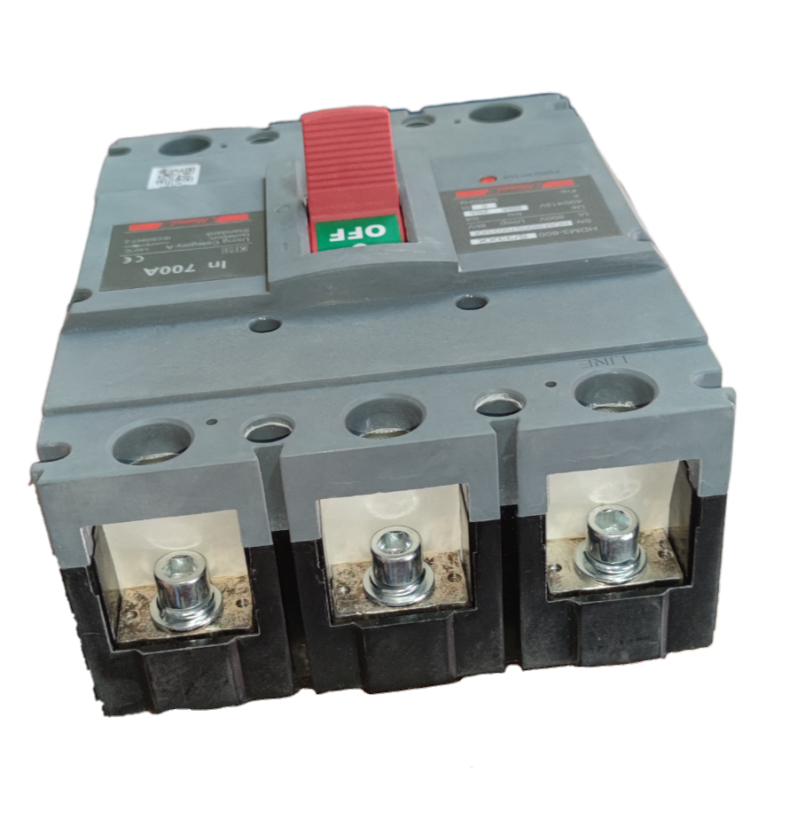 Himel 700A 3 Pole Industrial Circuit Breaker with red switch and gray body for electrical safety