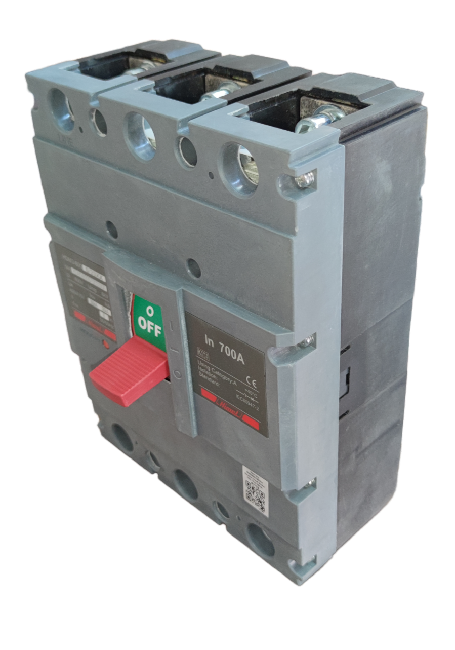 Himel 700A 3 Pole Industrial Circuit Breaker with red switch and gray casing for electrical safety