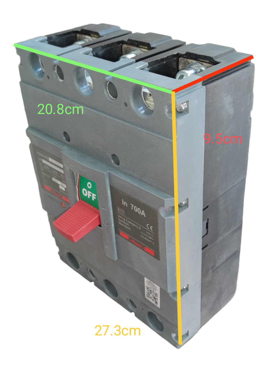 Himel 700A 3 Pole Industrial Circuit Breaker with red switch and detailed electrical connections