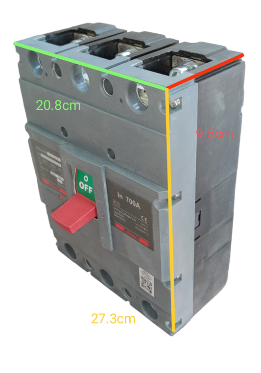 Himel 700A 3 Pole Industrial Circuit Breaker with red switch and detailed electrical connections