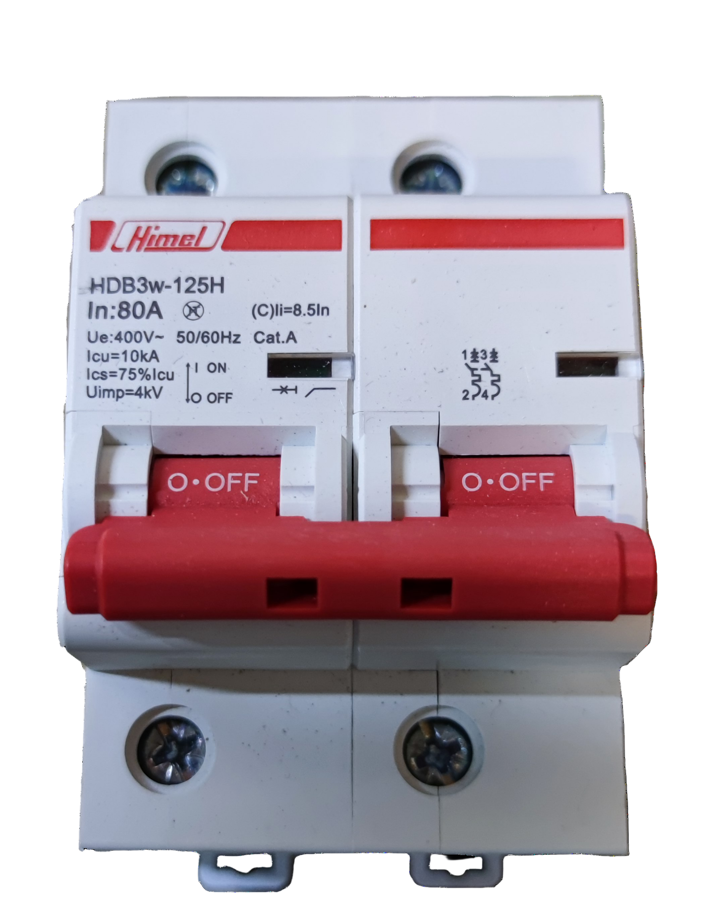 Himel 80A 2 Pole Miniature Breaker 10 Kaic. white dual pole MCB with red double switch and screw terminals