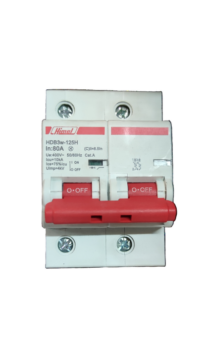 Himel 80A 2 Pole Miniature Breaker 10 Kaic. white two pole MCB with red handle and mounting screws