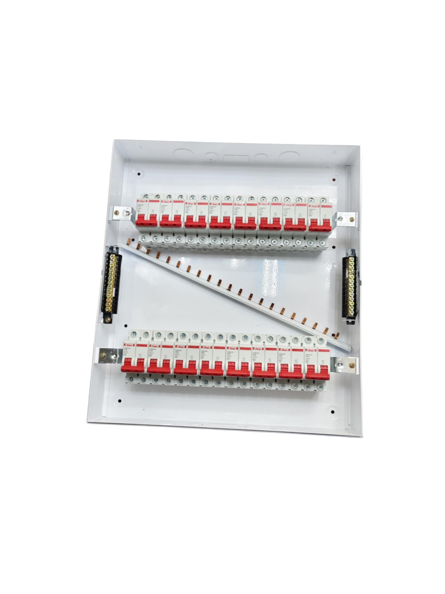 Himel Breakers Panel Board 63A 2 Pole Main electrical circuitry with red switches and white casing