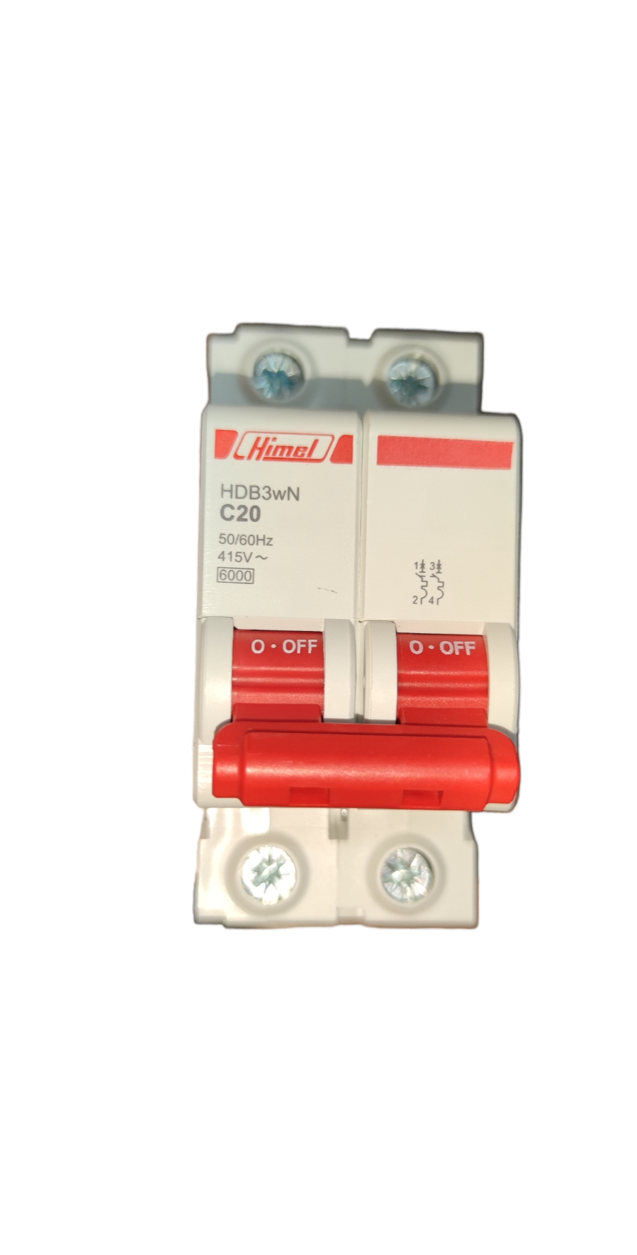 Electx Electrical Supply Circuit Breaker 20A 2Pole 6 KAIC white dual pole breaker with red toggles and mounting screws
