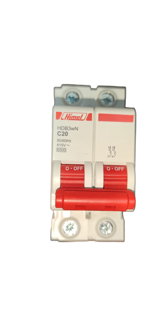 Electx Electrical Supply Circuit Breaker 20A 2Pole 6 KAIC white dual pole breaker with red toggles and mounting screws