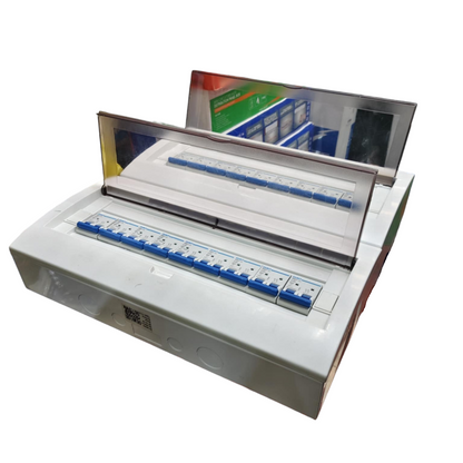 White metal distribution box with hinged clear cover and rows of blue breakers Himel 17 branch 2 pole MCB panel