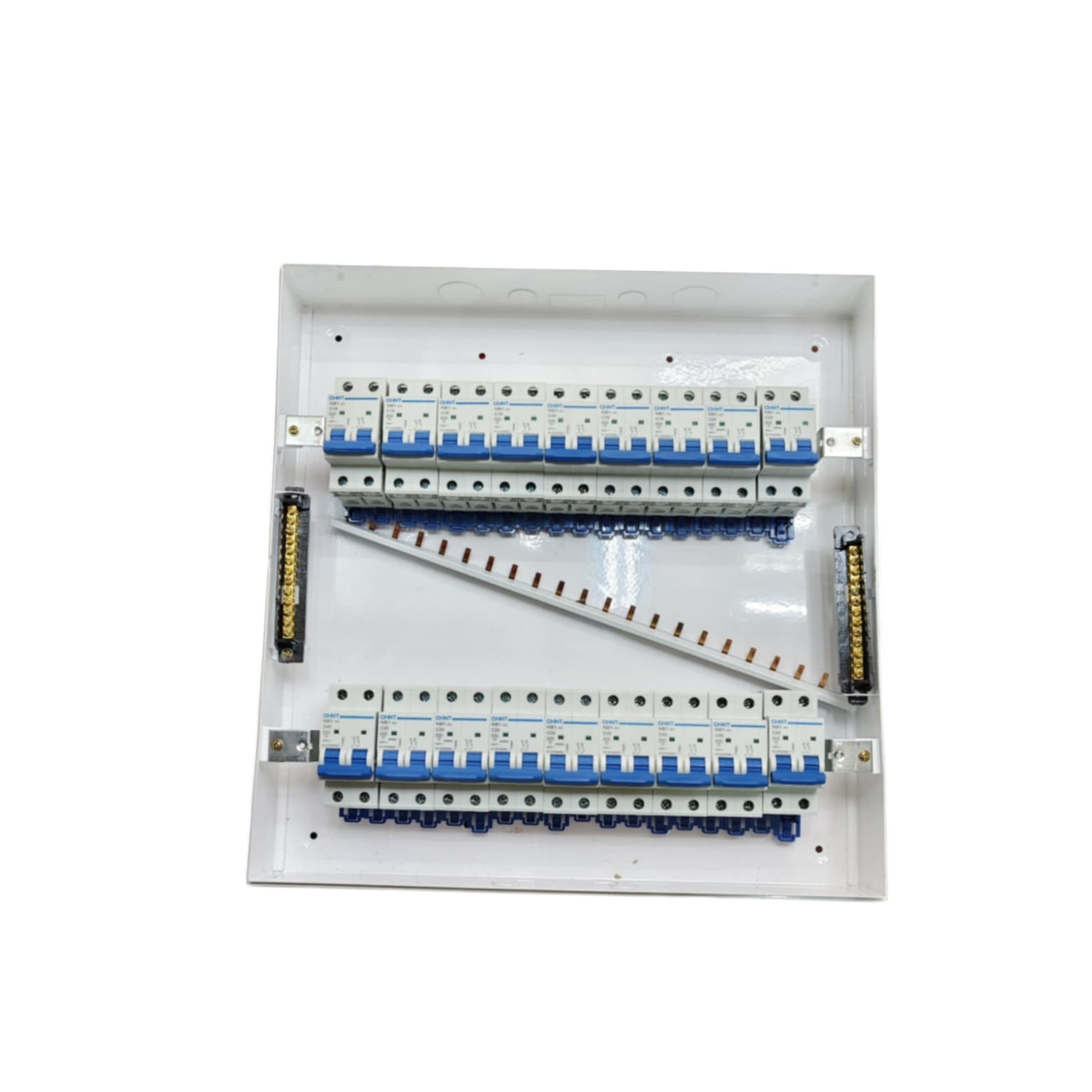 Himel 17 branch 2 pole MCB panel white distribution box with two rows of blue toggle breakers and busbars