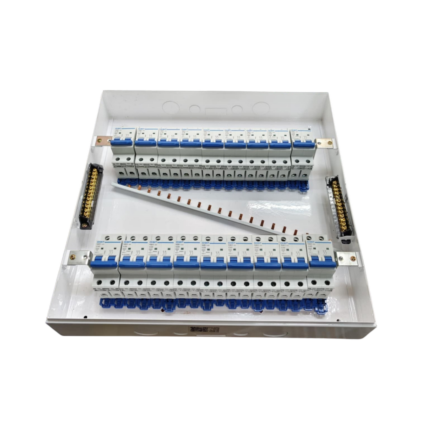 Himel 17 branch 2 pole MCB panel with two rows of blue 2 pole breakers neutral and earth bus bars