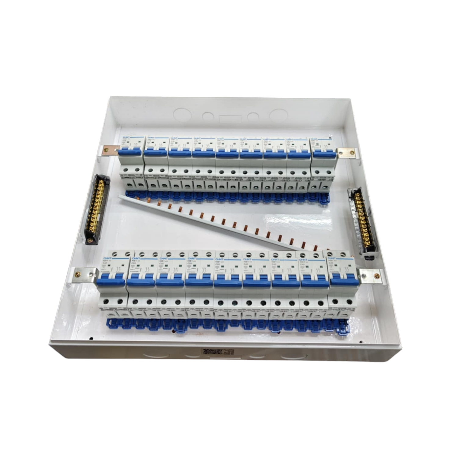 Himel 17 branch 2 pole MCB panel with two rows of blue 2 pole breakers neutral and earth bus bars