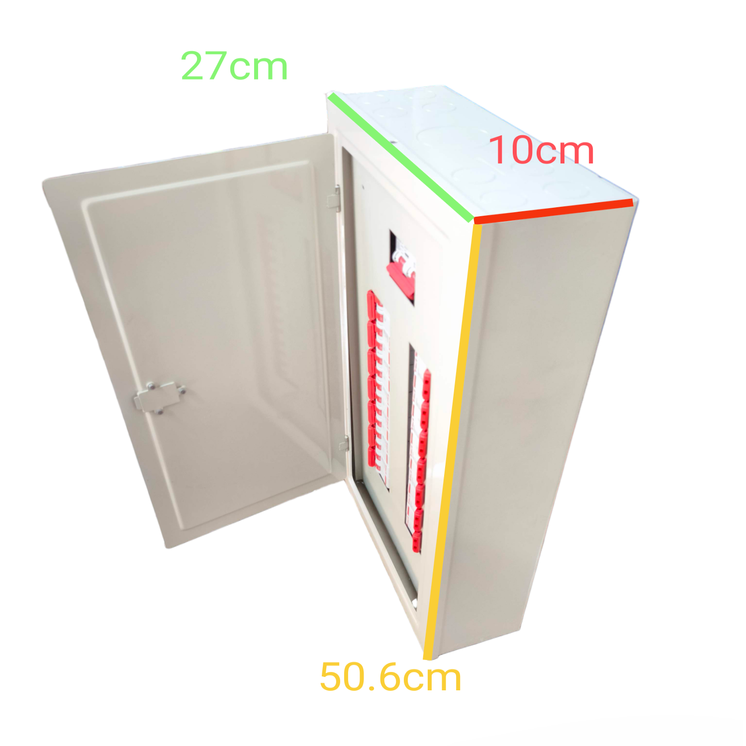 White metal electrical enclosure with open hinged door showing red breakers and dimensions labeled Himel 2 pole MCB panel board