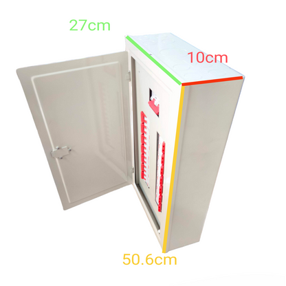 White metal electrical enclosure with open hinged door showing red breakers and dimensions labeled Himel 2 pole MCB panel board