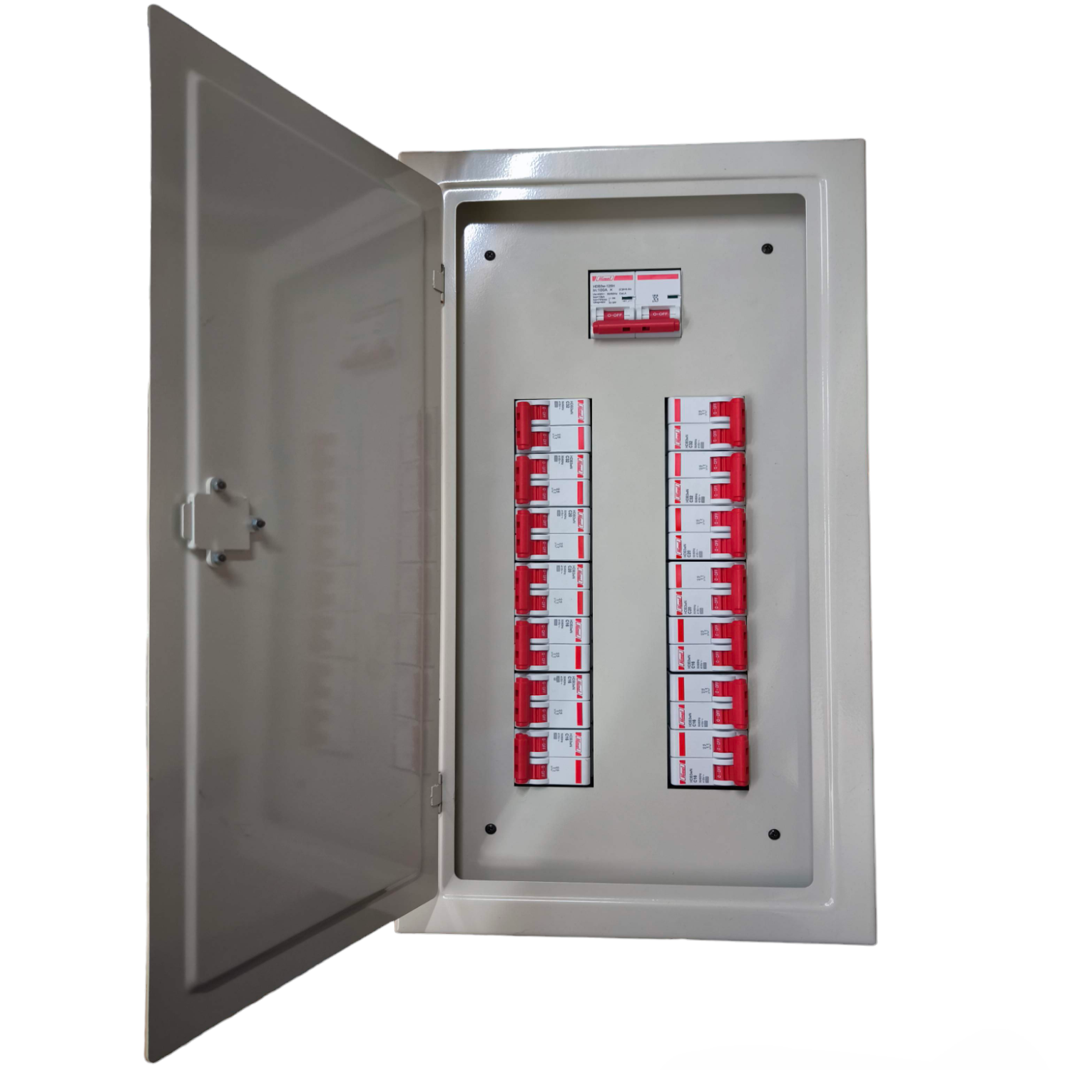 Himel 2 pole MCB panel board open metal enclosure with rows of red toggle MCBs and top main breaker