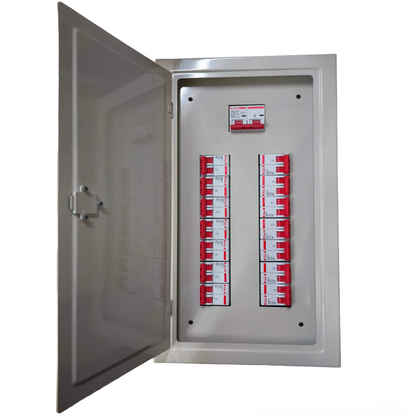 Himel 2 pole MCB panel board open metal enclosure with rows of red toggle MCBs and top main breaker