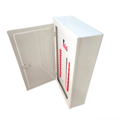 Koten and Himel Himel 2 pole MCB panel board white metal enclosure with open door showing red MCB rows
