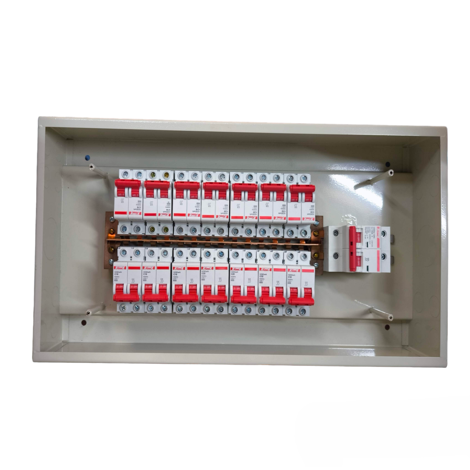 Koten and Himel metal box with multiple red and white breakers and Himel 2 pole MCB panel board for power distribution