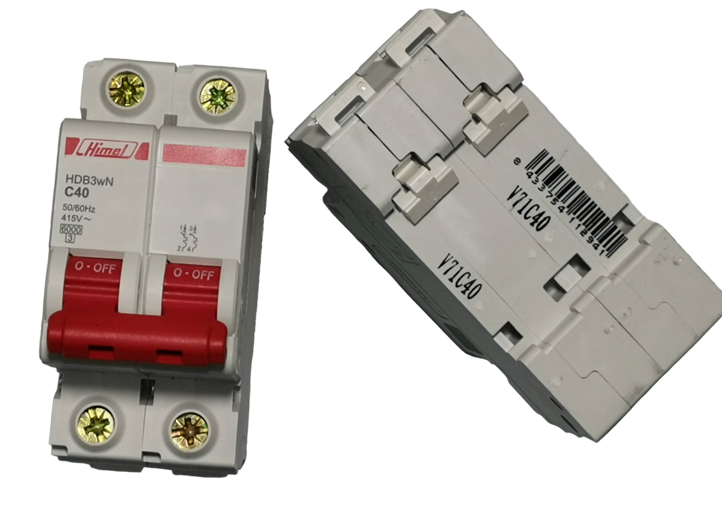 Himel 40A MCB 2 pole dual view showing white circuit breaker with red toggle switches for home electrical panels