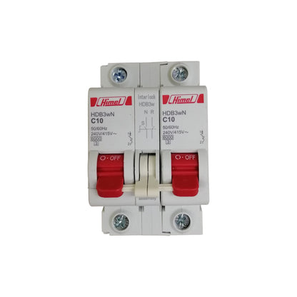 Himel manual transfer switch 10A dual pole circuit breaker with white housing and red toggle switches