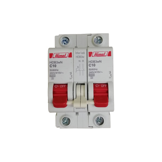 Himel manual transfer switch 10A dual pole circuit breaker with white housing and red toggle switches