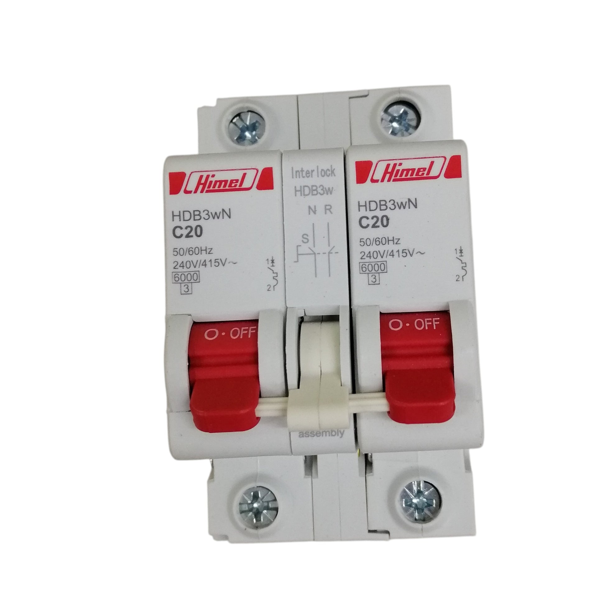 Himel manual transfer switch 20A dual pole circuit breaker with red toggle switches for load transfer