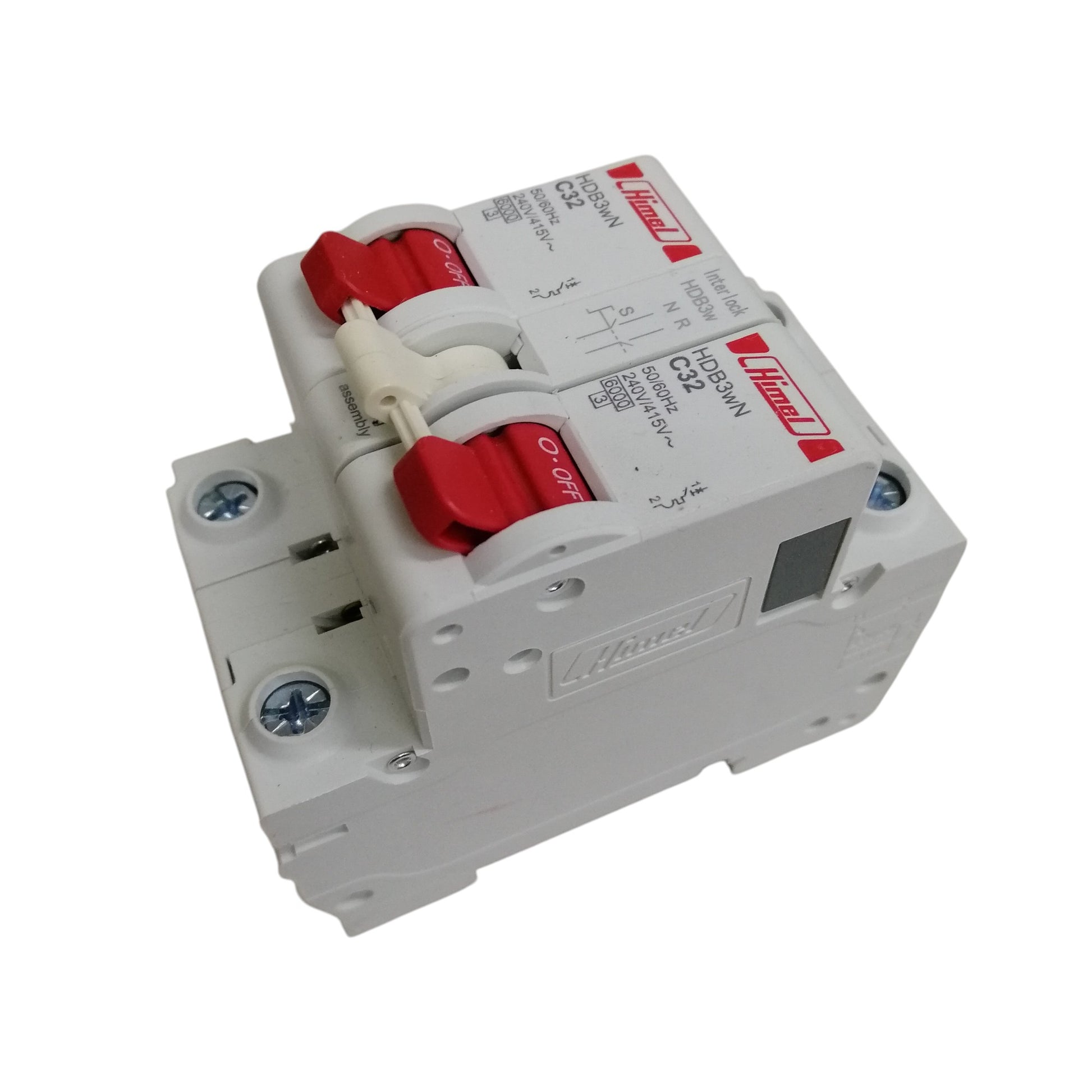Himel manual transfer switch 32A white dual pole circuit breaker with red toggle handles for power transfer
