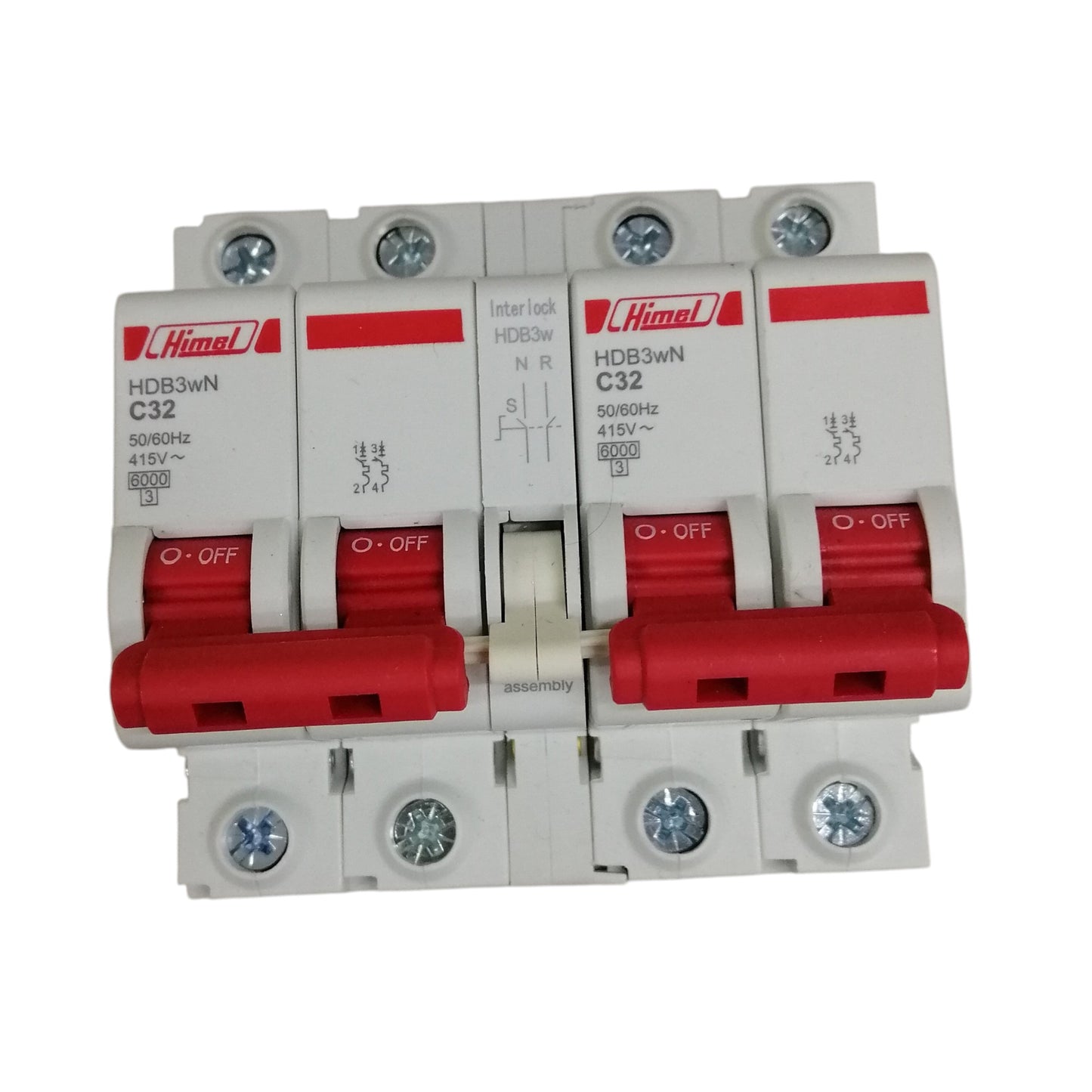 Himel manual transfer switch 32A white circuit breaker with red levers and screw terminals