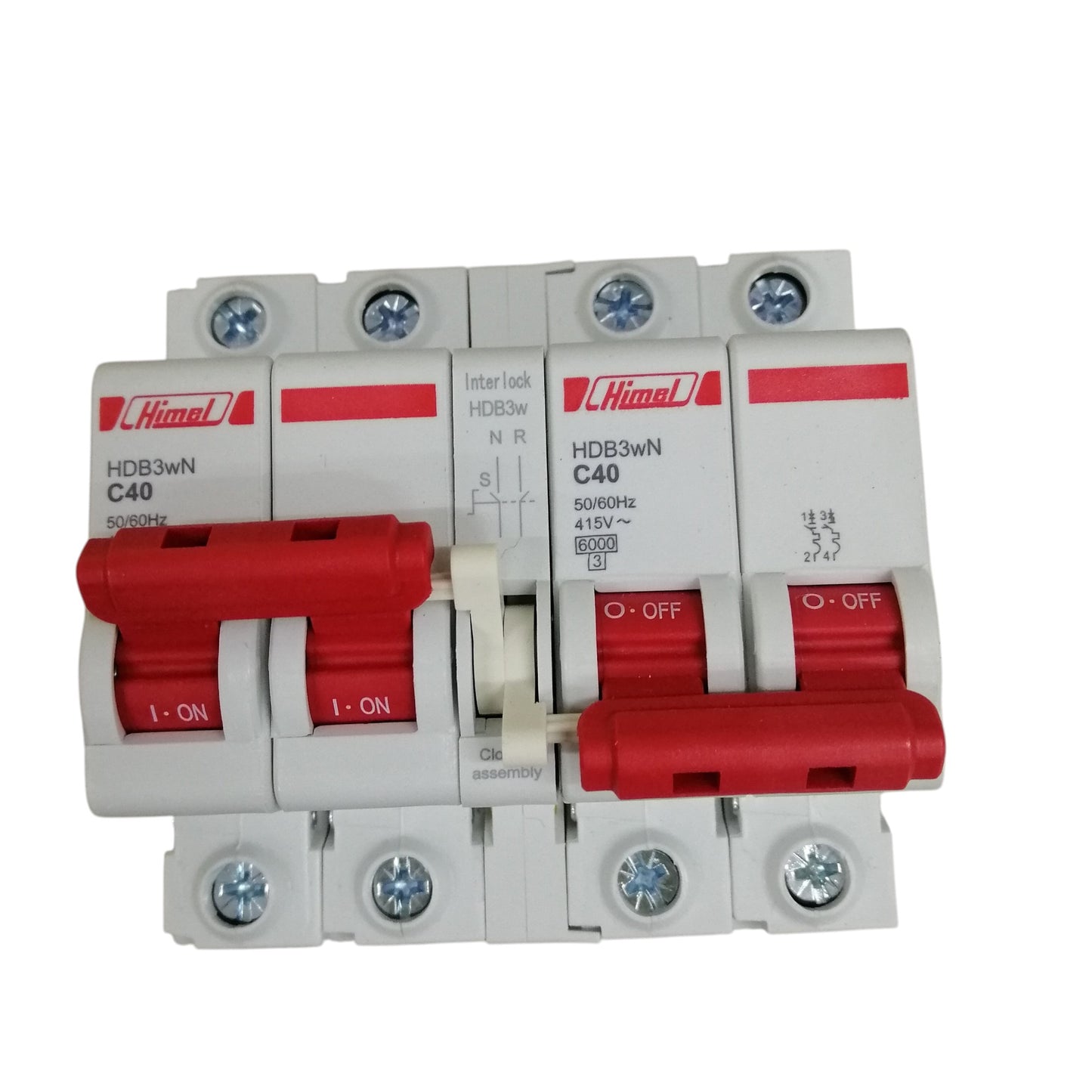 Himel manual transfer switch 40A white circuit breaker with red handles 4 pole unit and mounting screws