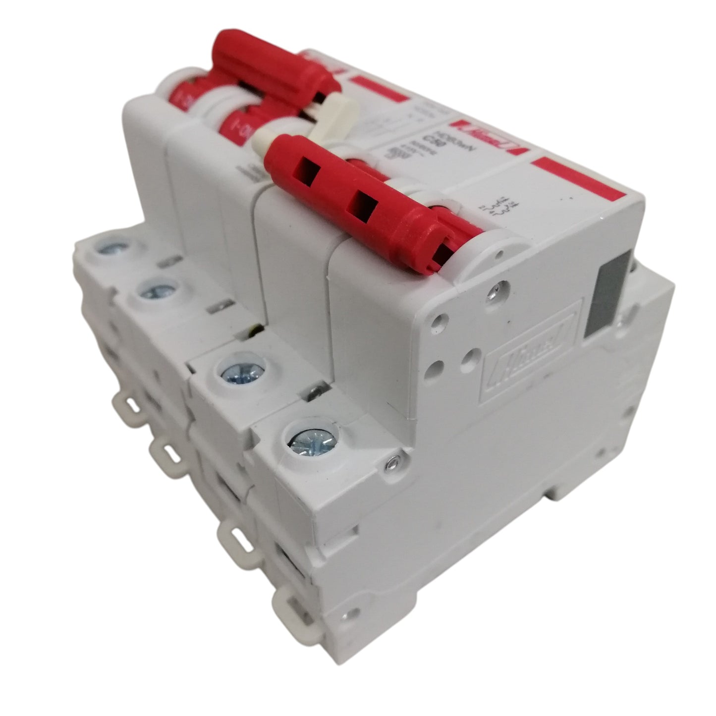 Himel manual transfer switch 50A white 3 pole circuit breaker with red toggle handles and DIN rail mount