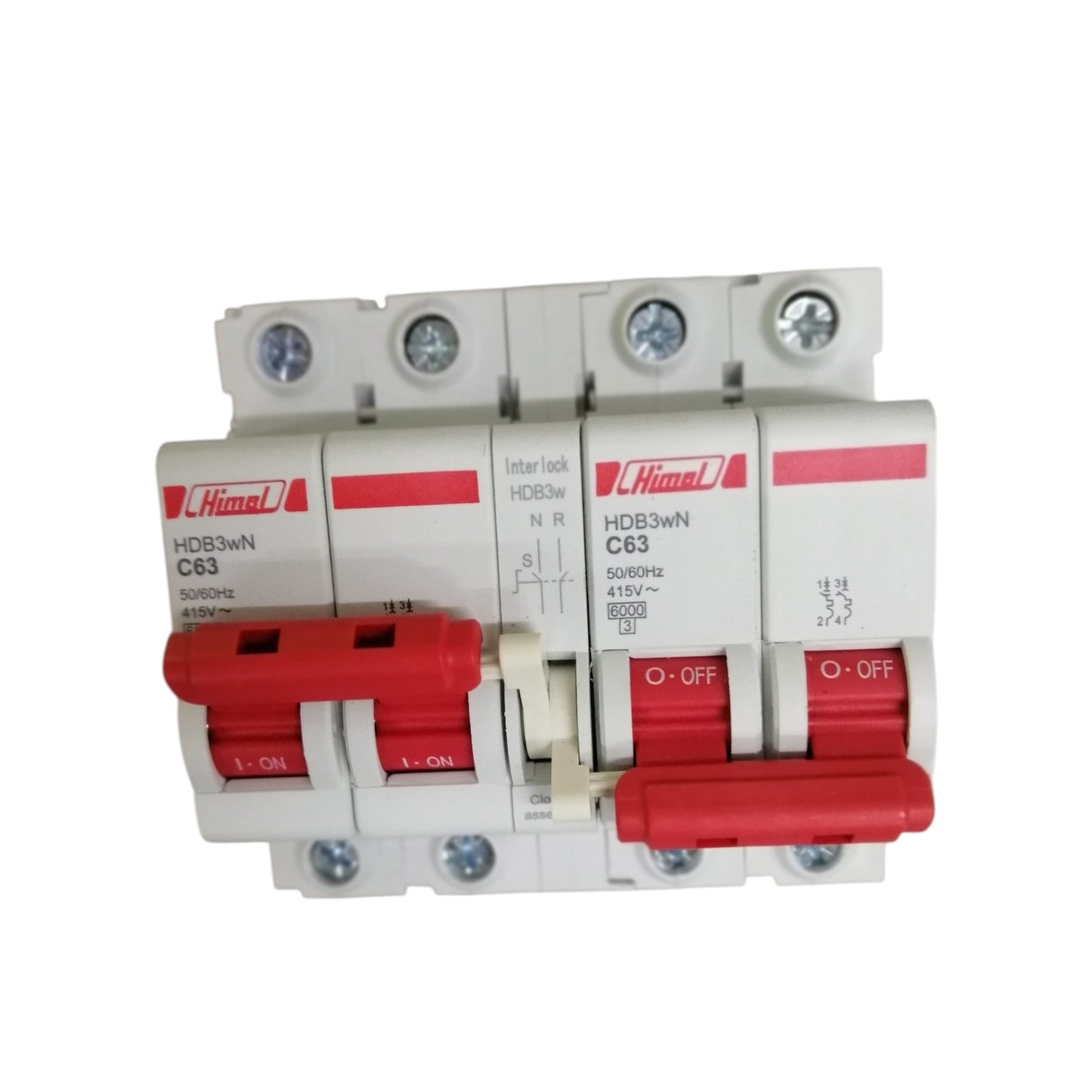 Himel manual transfer switch 63A white three pole circuit breaker with red handles for power switching
