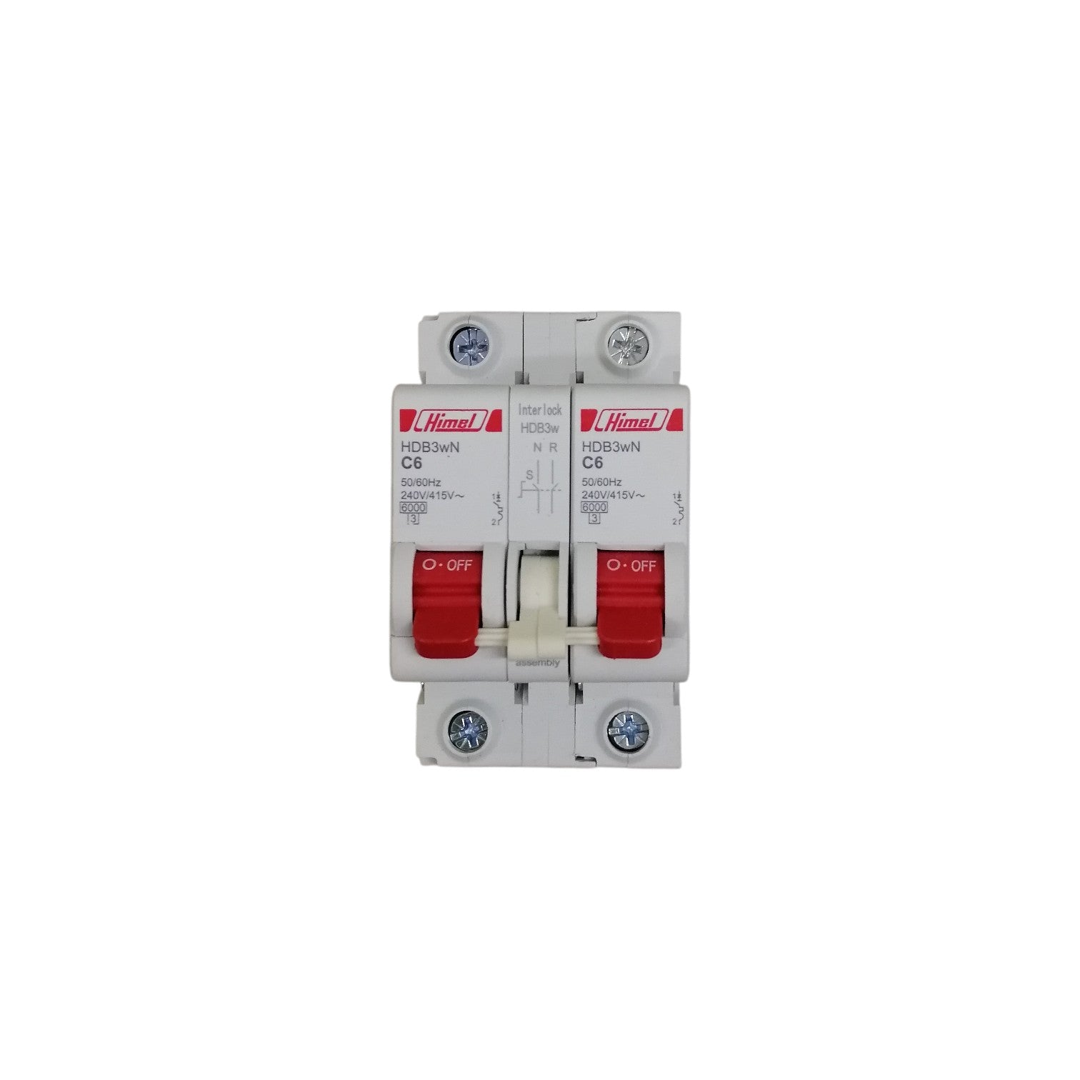 Himel manual transfer switch 6A dual pole circuit breaker with red OFF levers and DIN rail mounting