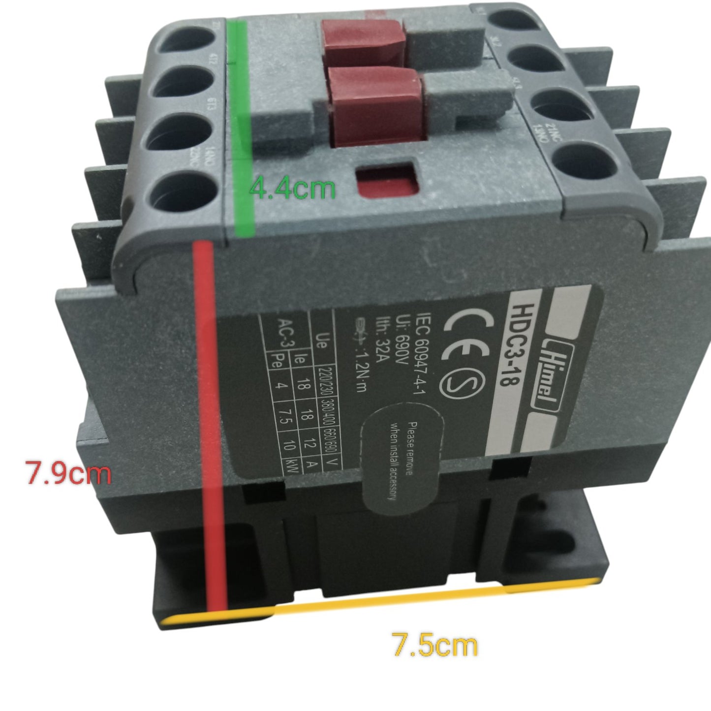 Himel Magnetic Contactor 18A 220V compact electrical switch with labeled dimensions