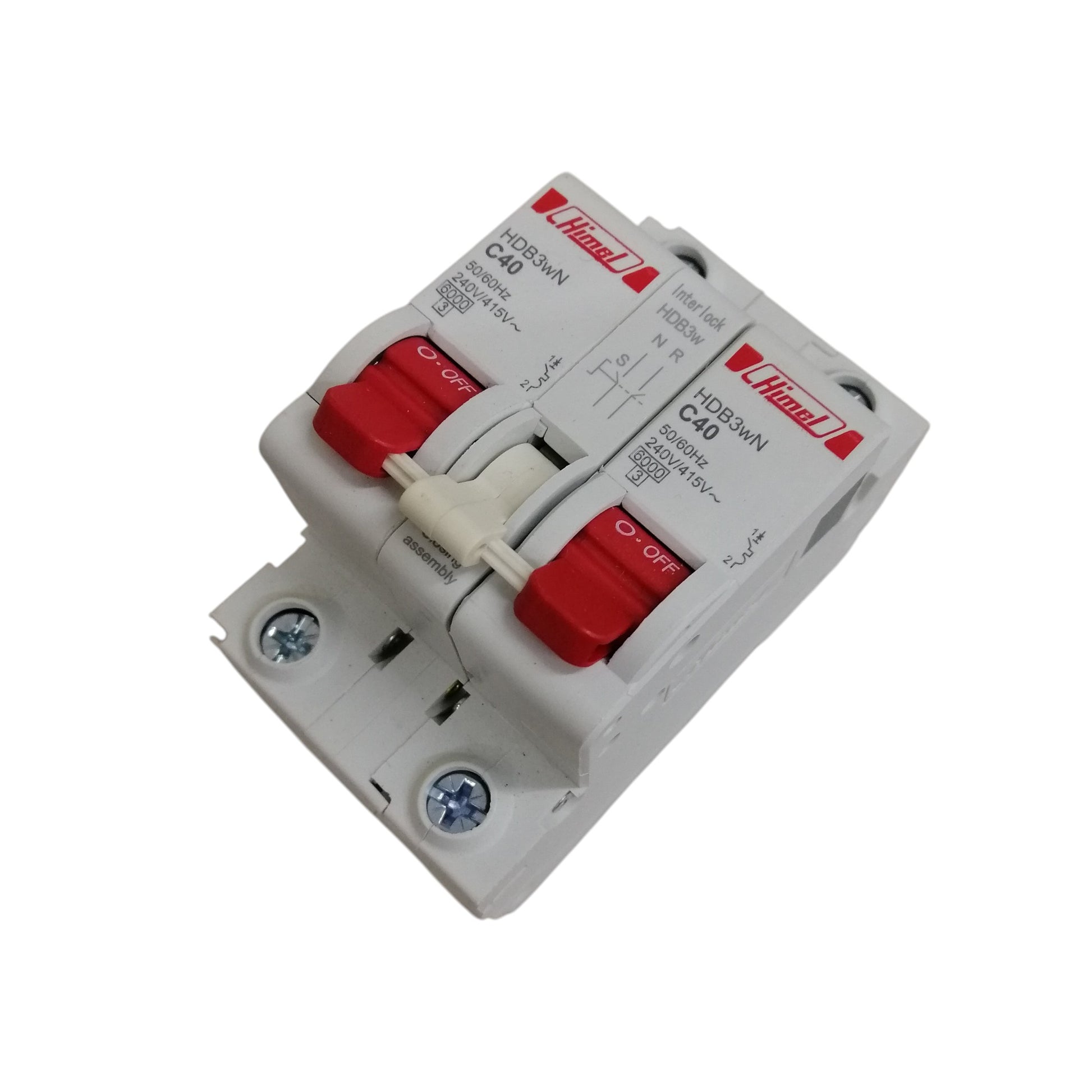 Himel dual pole circuit breaker manual transfer switch 40a white housing with two red switches for generator transfer