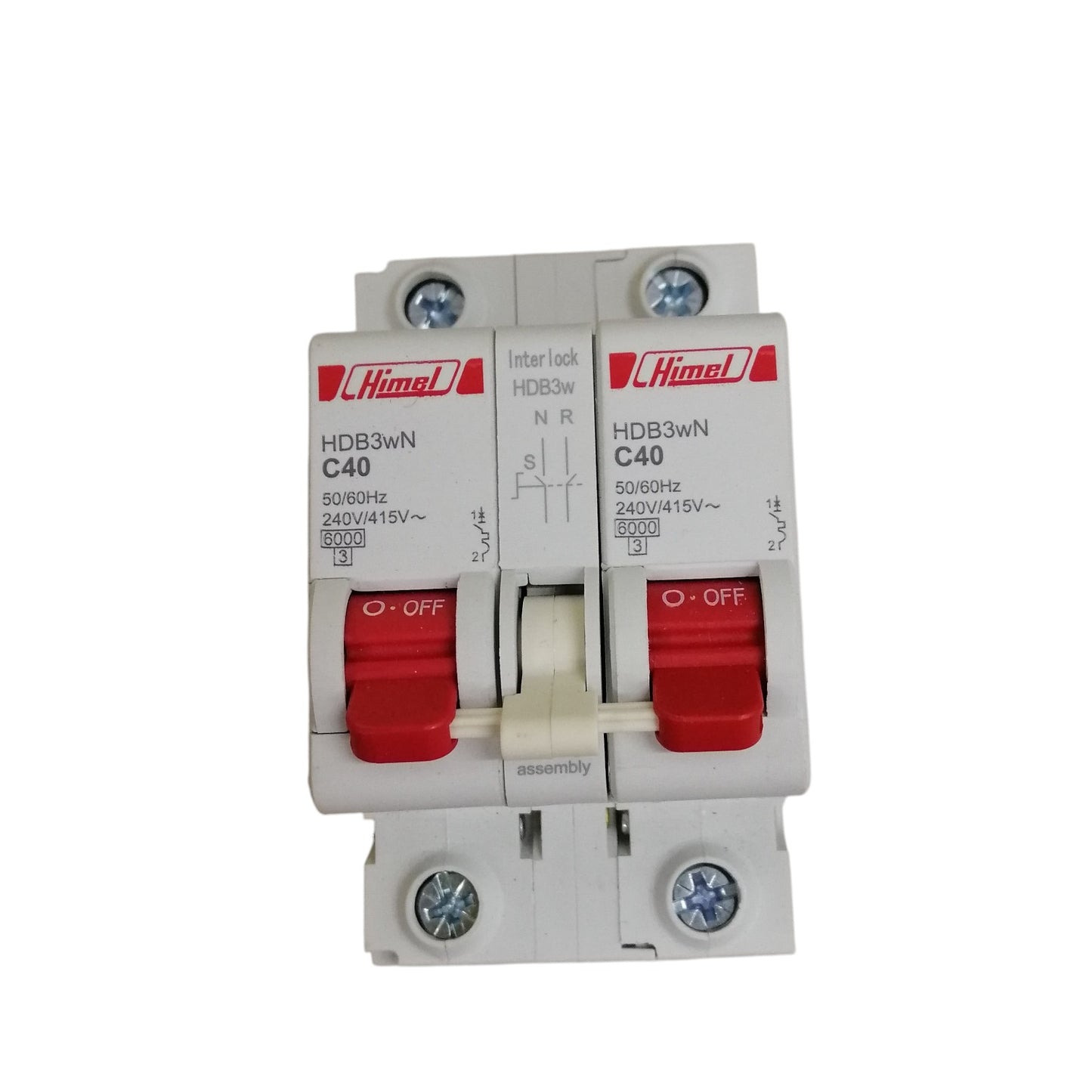 Himel circuit breaker double pole with red handles and interlock for manual transfer switch 40a