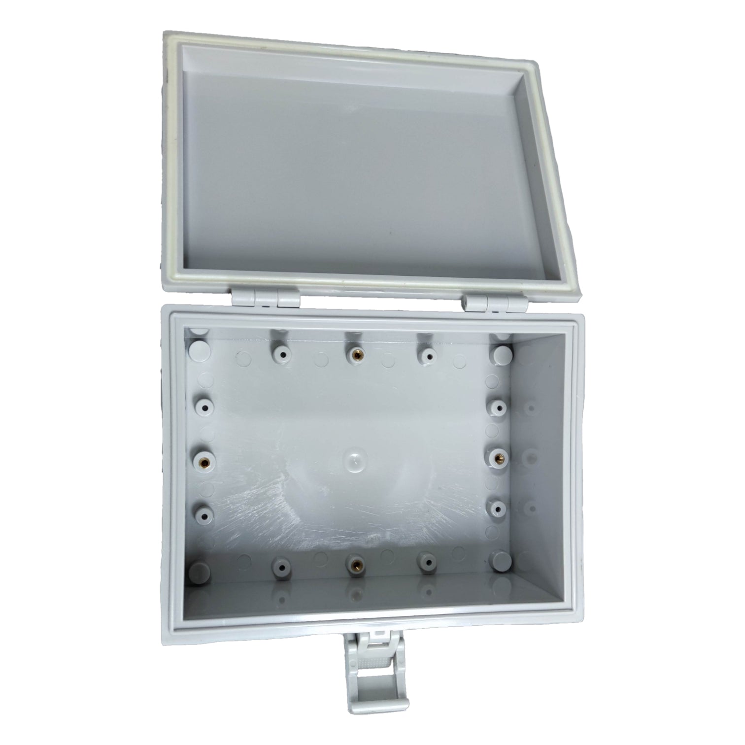 Open Grippes hinged outdoor junction box 21x16x9cm with multiple entry points for wiring
