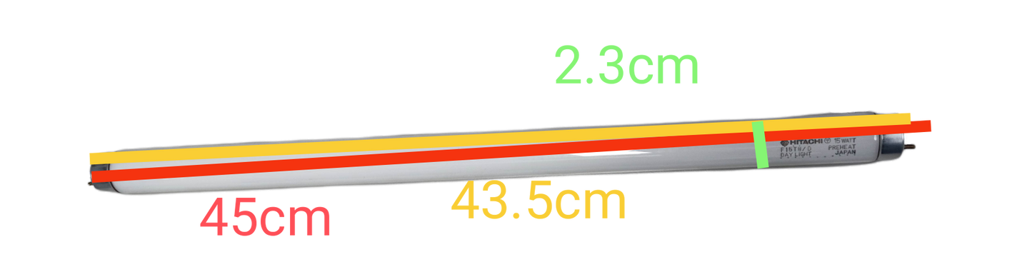 Hitachi 15W T8 daylight fluorescent tube showing length and diameter measurements clearly
