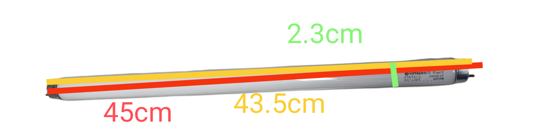 Hitachi 15W T8 daylight fluorescent tube showing length and diameter measurements clearly